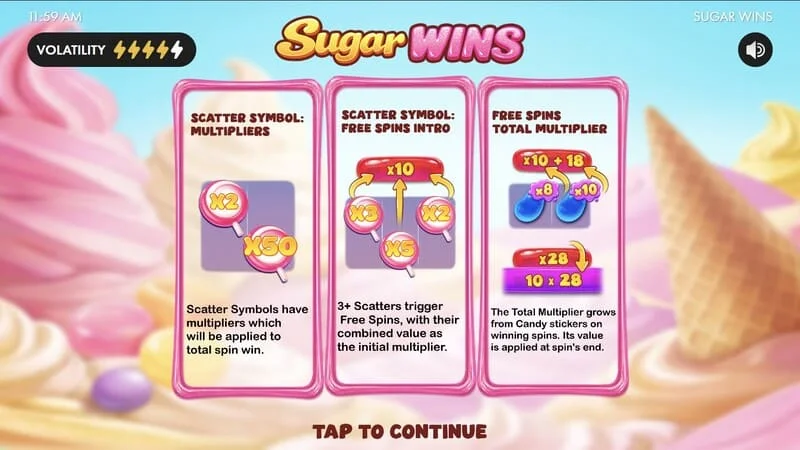 Sugar Wins — spēļu automāta galvenā izvēlne